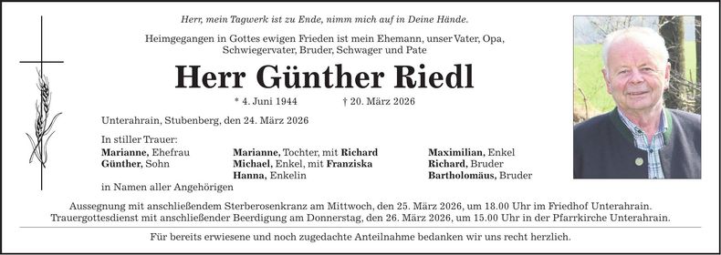 Traueranzeige Günther Riedl