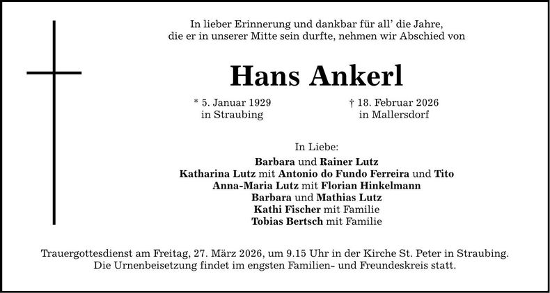 Traueranzeige Hans Ankerl