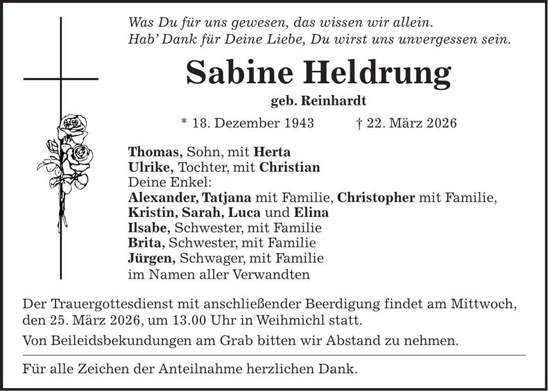 Traueranzeige Sabine Heldrung