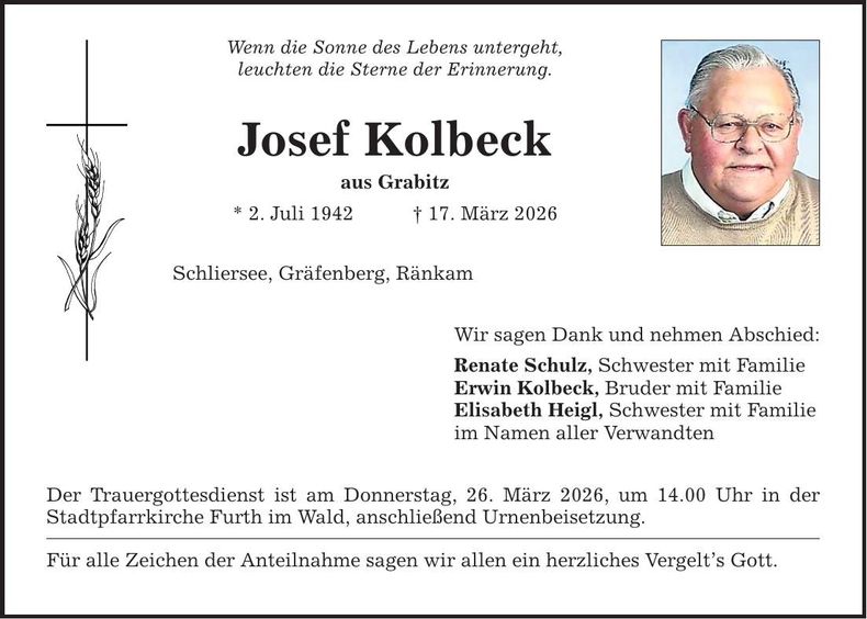 Traueranzeige Josef Kolbeck