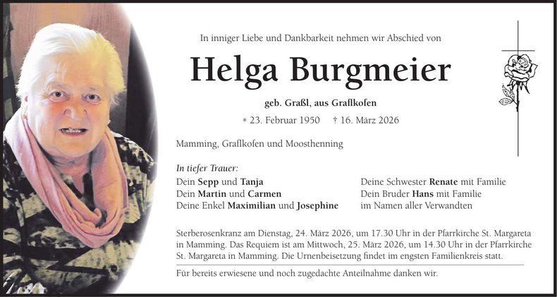 Traueranzeige Helga Burgmeier