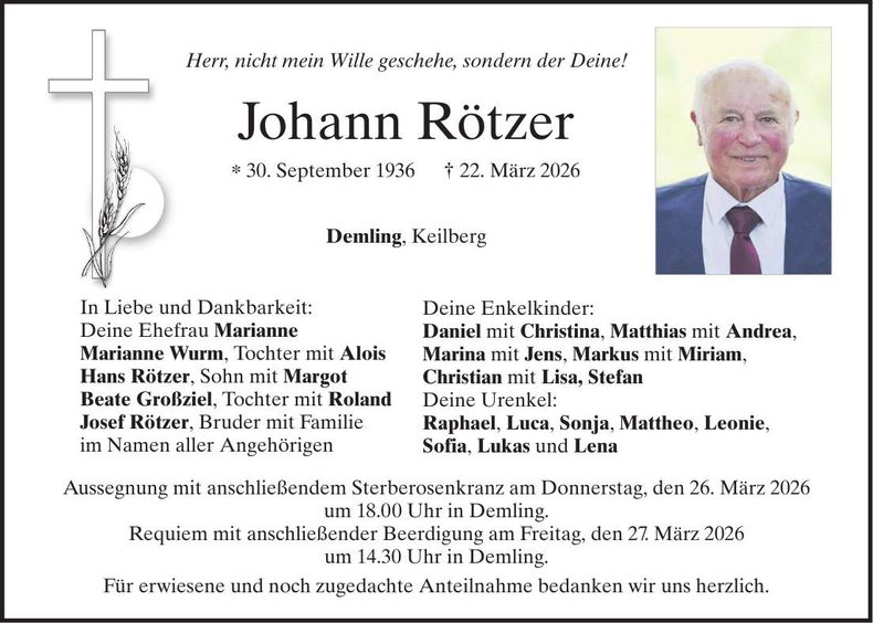Traueranzeige Johann Rötzer
