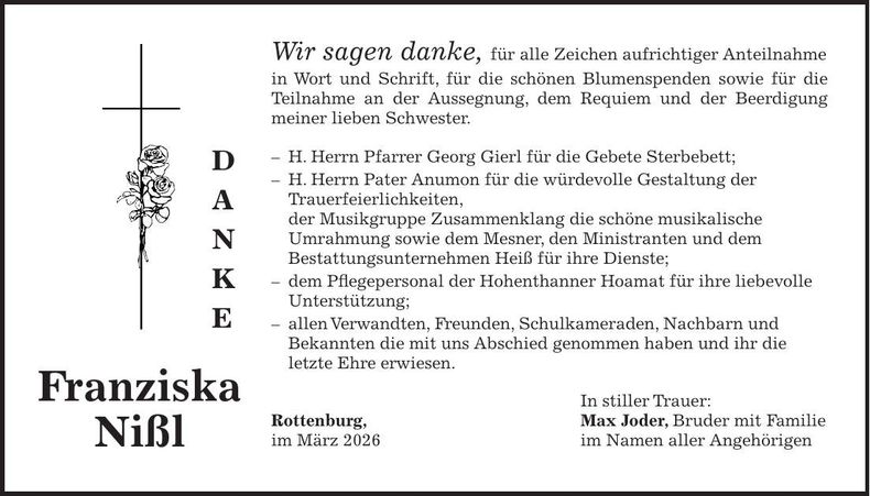 Traueranzeige Franziska Nißl