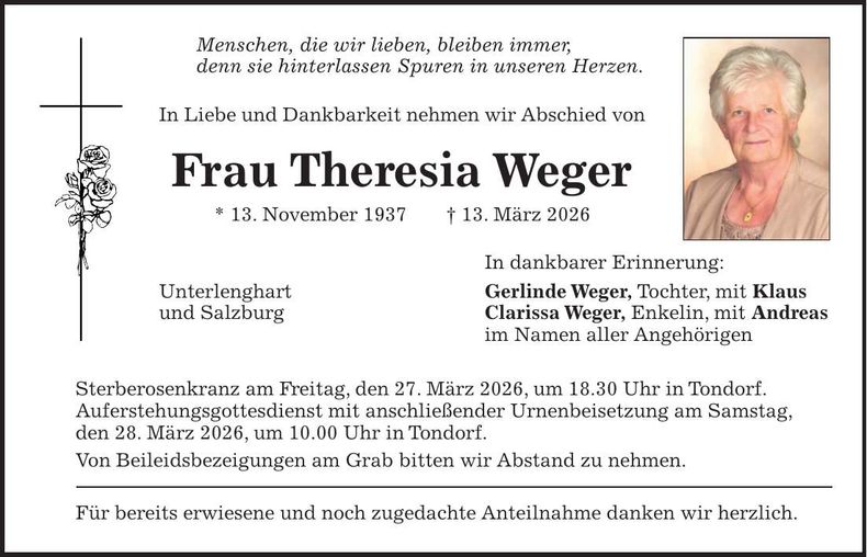 Traueranzeige Theresia Weger