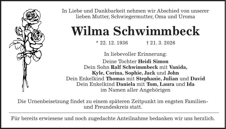Traueranzeige Wilma Schwimmbeck