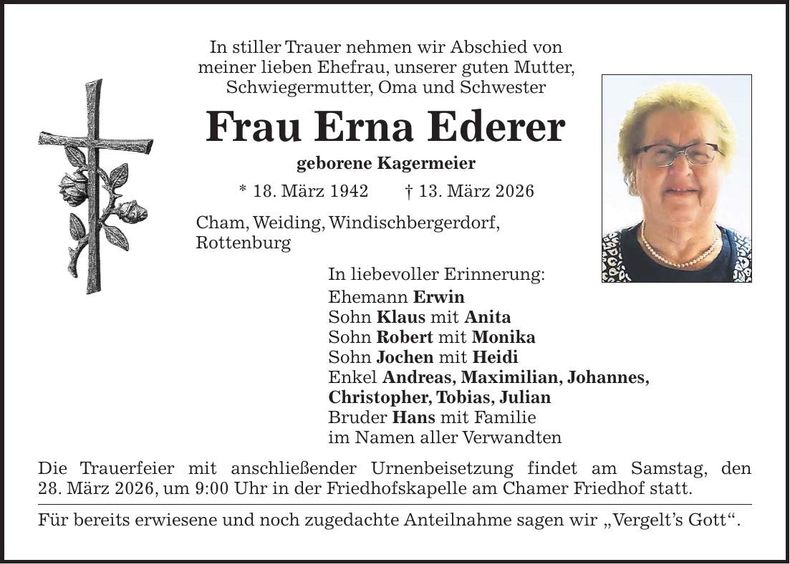 Traueranzeige Erna Ederer