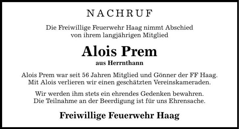 Traueranzeige Alois Prem