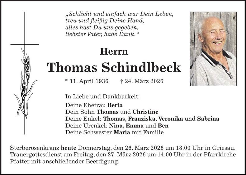 Traueranzeige Thomas Schindlbeck