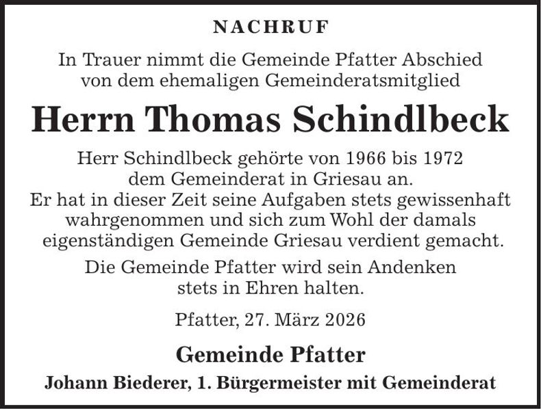 Traueranzeige Thomas Schindlbeck