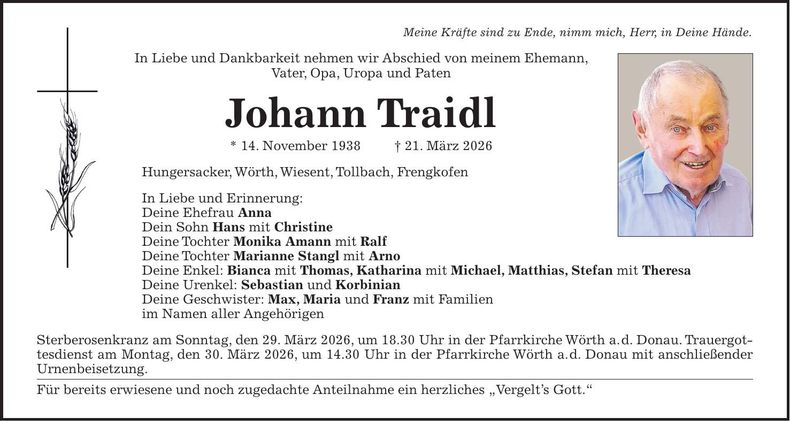 Traueranzeige Johann Traidl