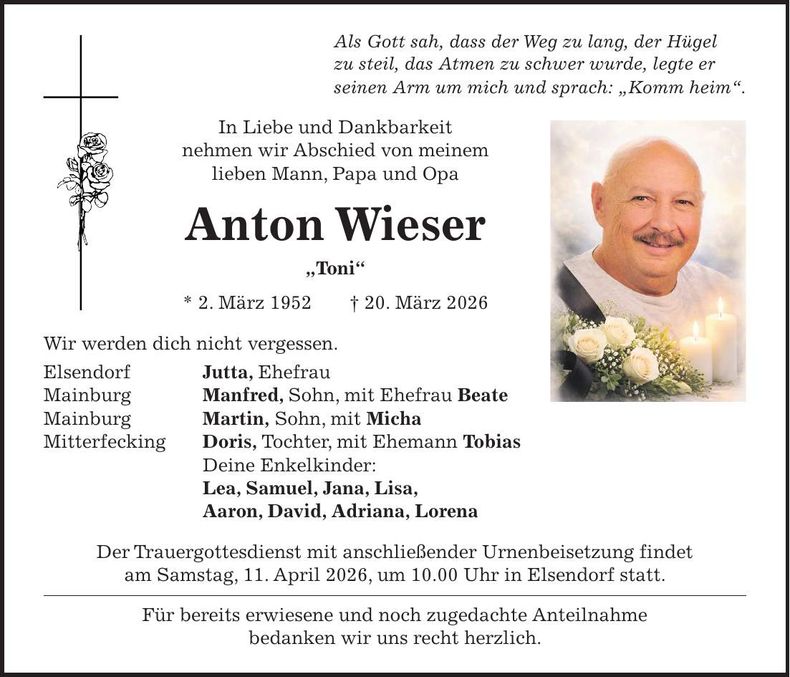 Traueranzeige Anton Wieser