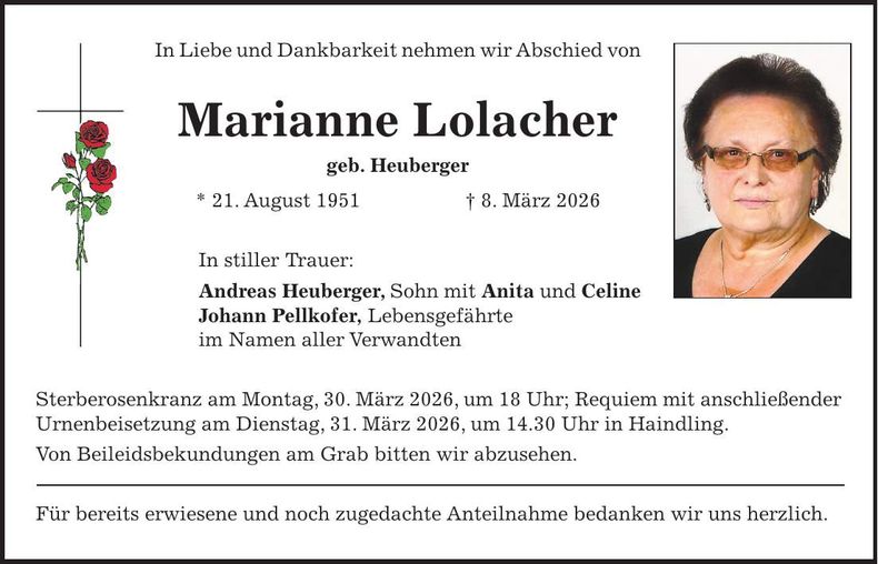 Traueranzeige Marianne Lolacher