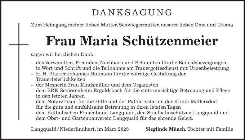 Traueranzeige Maria Schützenmeister