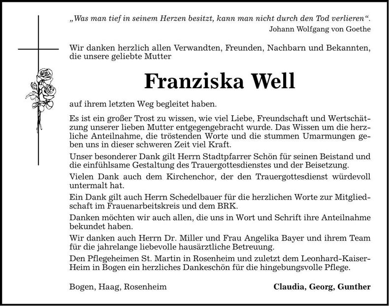 Traueranzeige Franziska Well