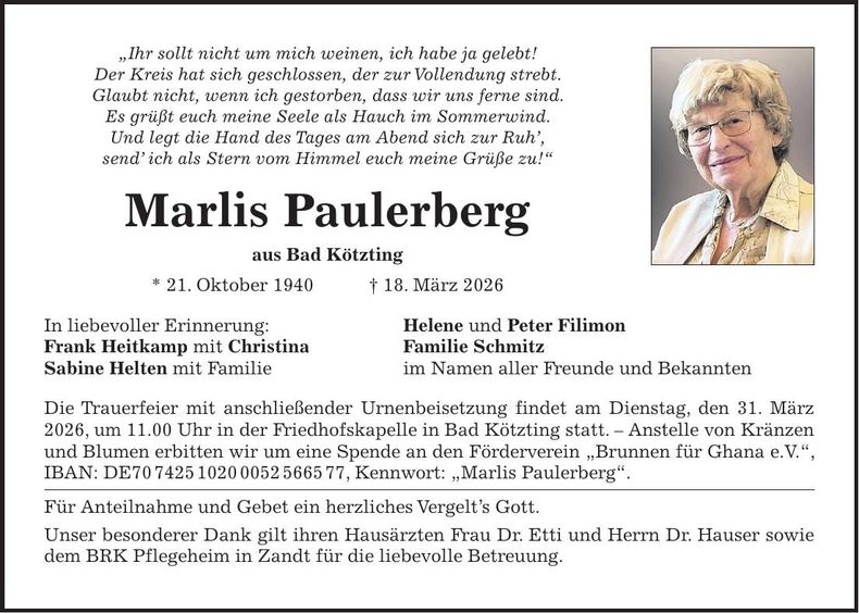 Traueranzeige Marlis Paulerberg