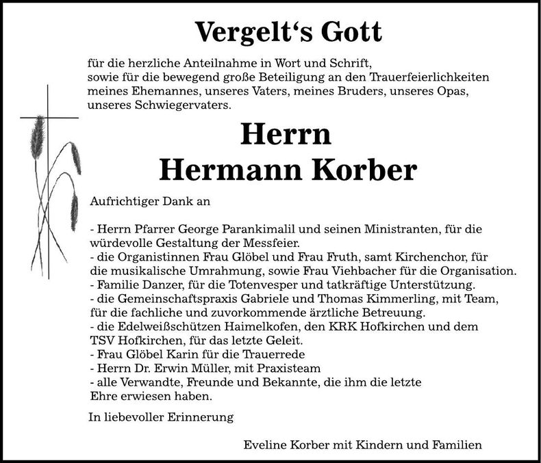 Traueranzeige Hermann Korber