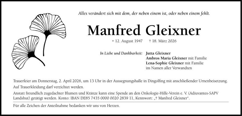 Traueranzeige Manfred Gleixner