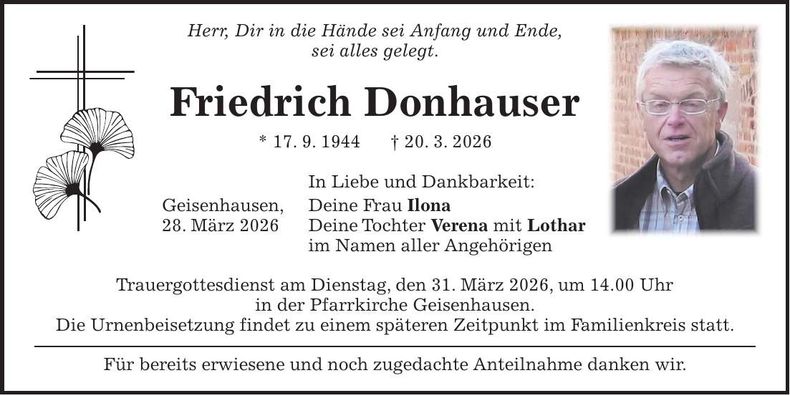 Traueranzeige Friedrich Donhauser