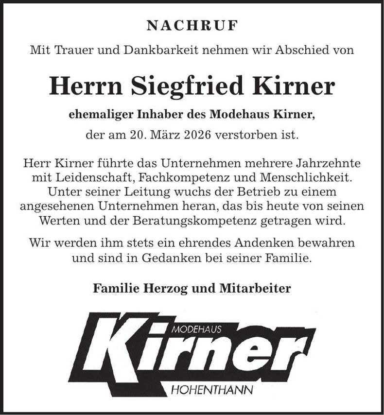 Traueranzeige Siegfried Kirner