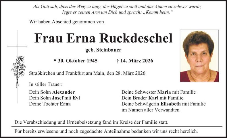 Traueranzeige Erna Ruckdeschel