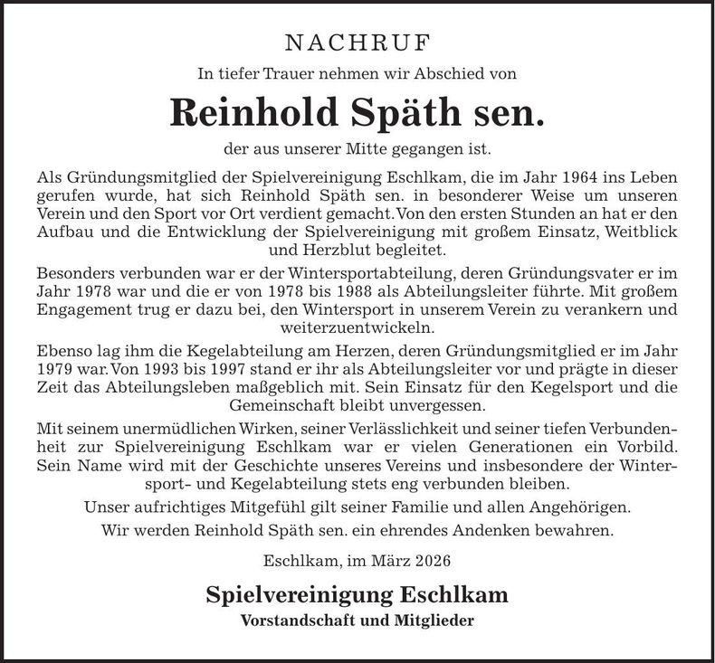Traueranzeige Reinhold Späth
