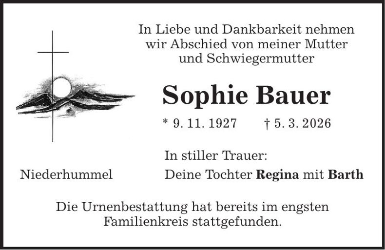 Traueranzeige Sophie Bauer