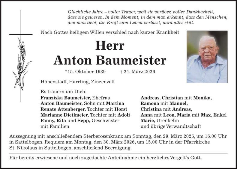 Traueranzeige Anton Baumeister