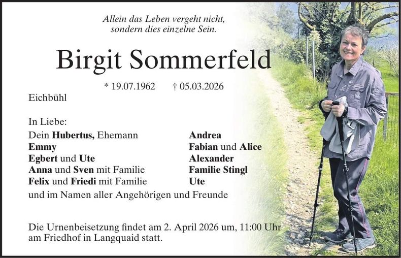 Traueranzeige Birgit Sommerfeld