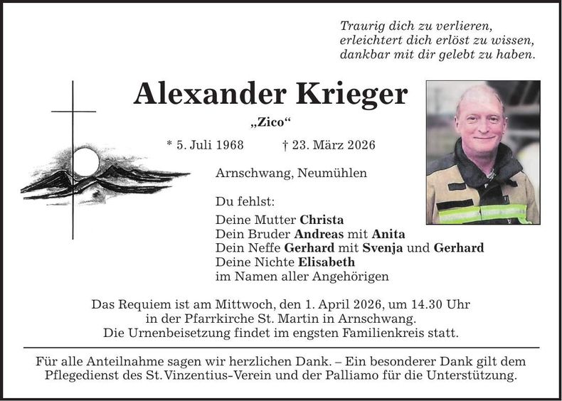 Traueranzeige Alexander Krieger