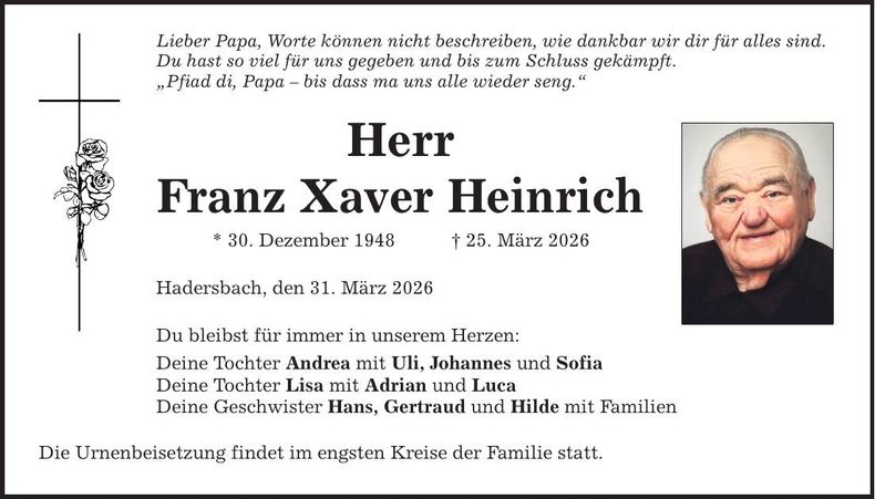 Traueranzeige Franz Xaver Heinrich