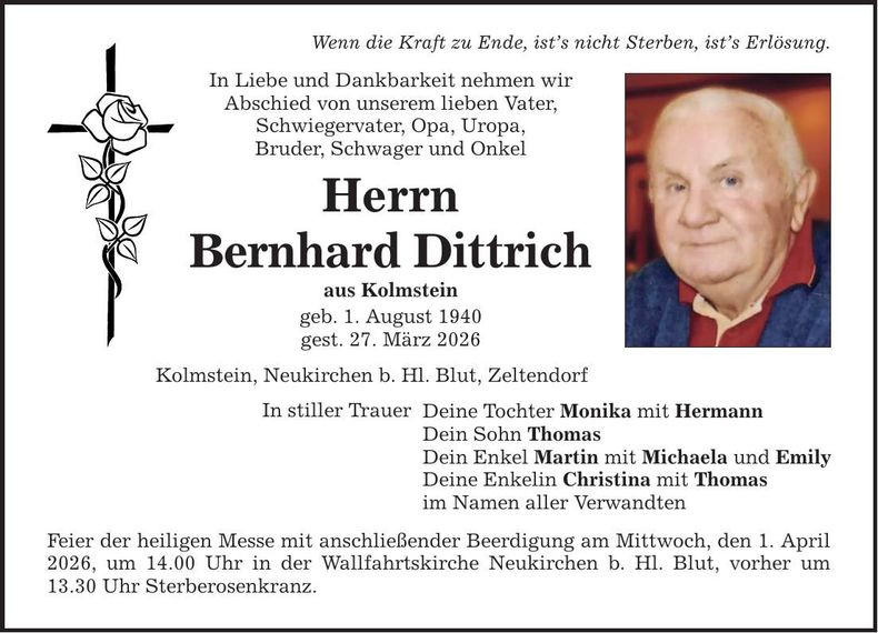 Traueranzeige Bernhard Dittrich