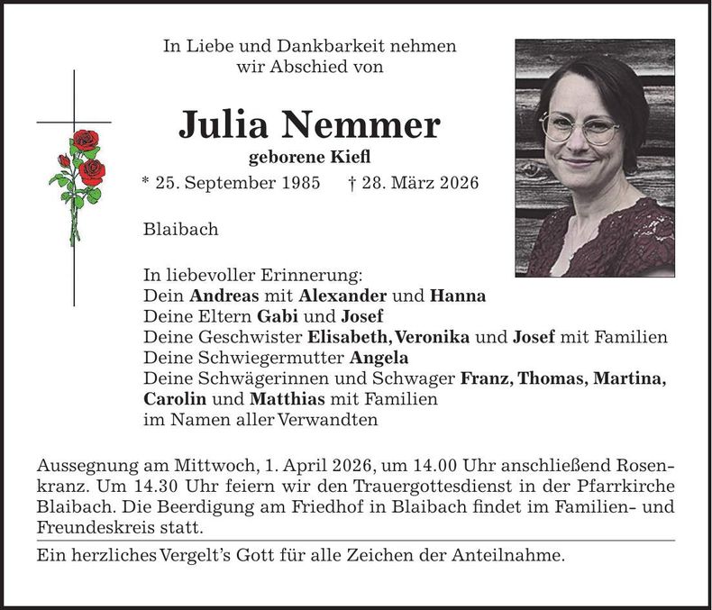 Traueranzeige Julia Nemmer