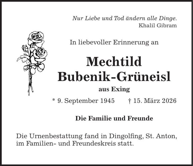 Traueranzeige Mechtild Bubenik-Grüneisl