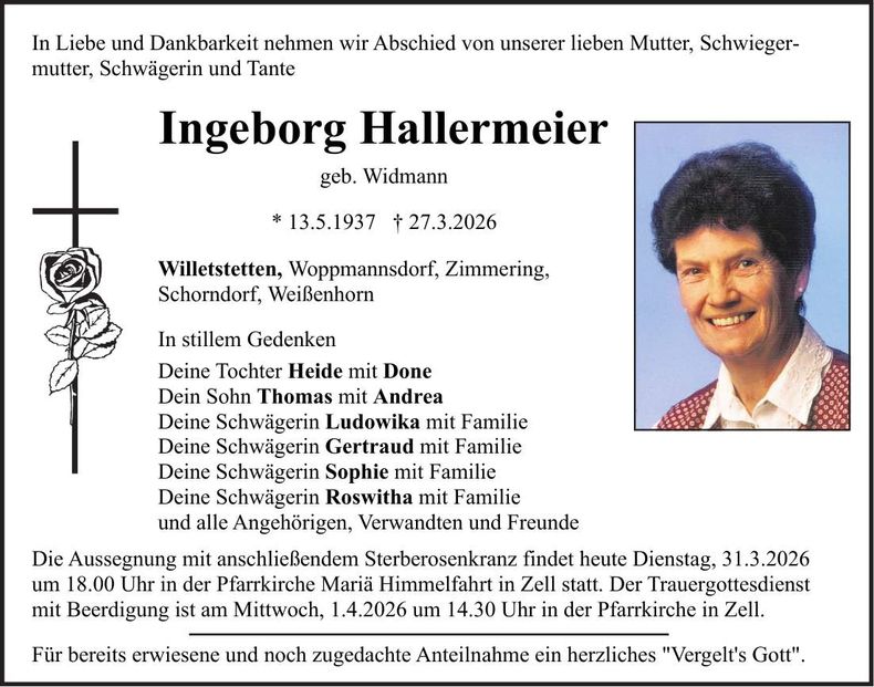 Traueranzeige Ingeborg Hallermeier