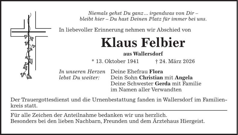 Traueranzeige Klaus Felbier