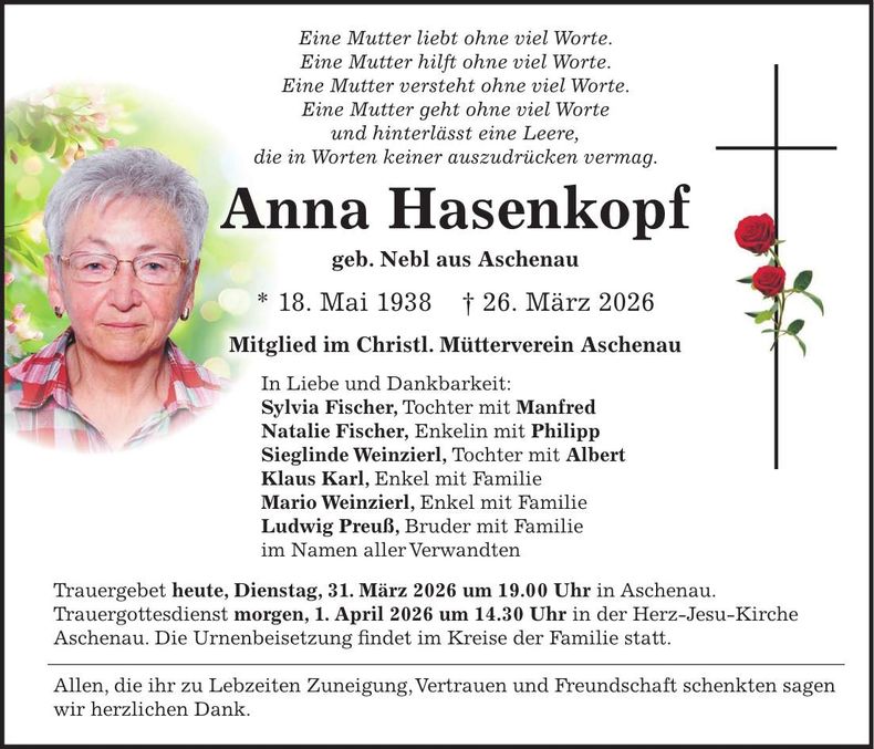 Traueranzeige Anna Hasenkopf