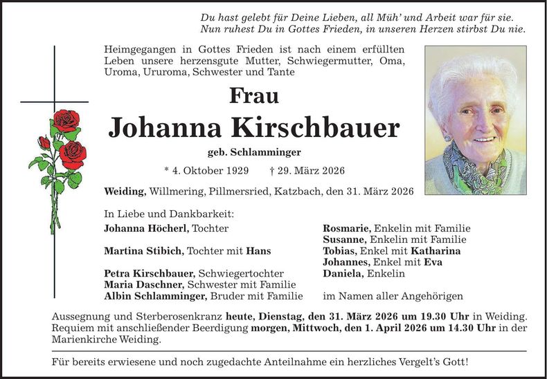 Traueranzeige Johanna Kirschbauer