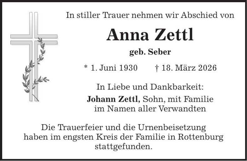Traueranzeige Anna Zettl