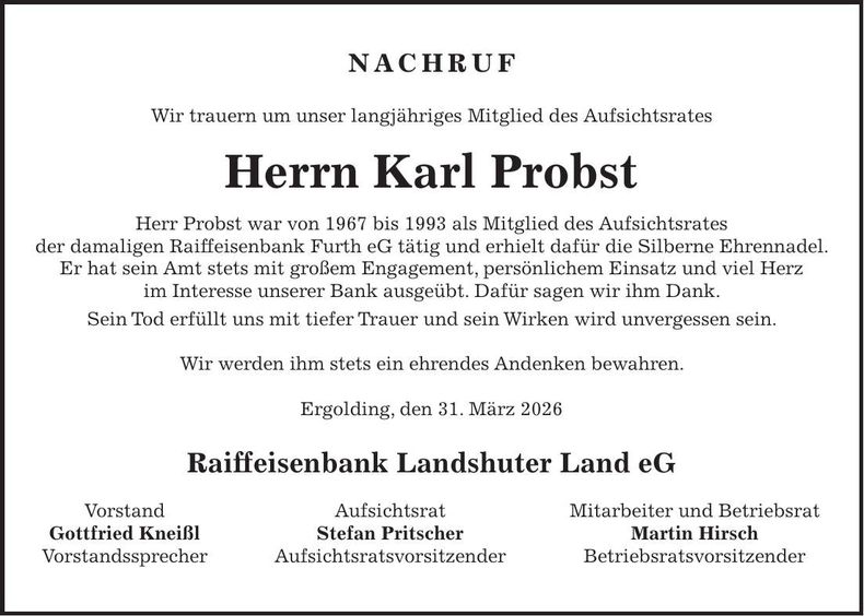Traueranzeige Karl Probst