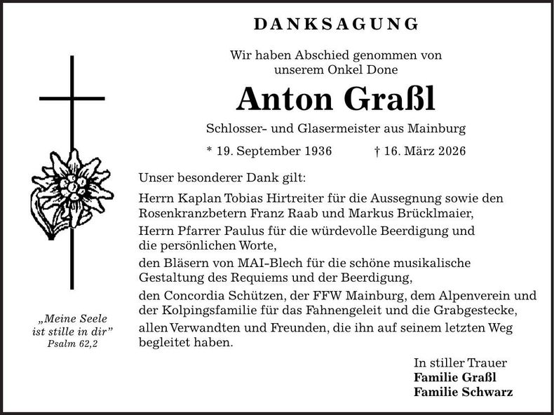 Traueranzeige Anton Graßl