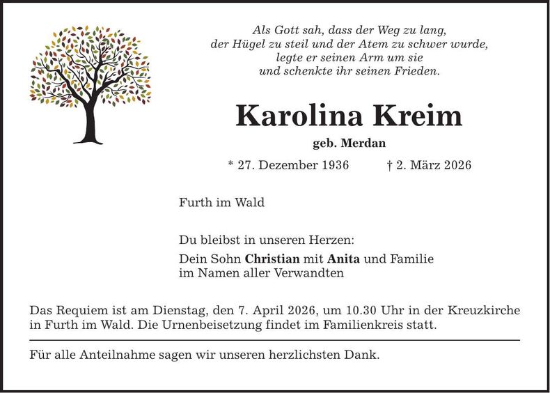 Traueranzeige Karolina Kreim