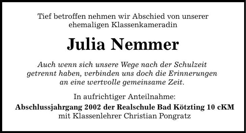 Traueranzeige Julia Nemmer