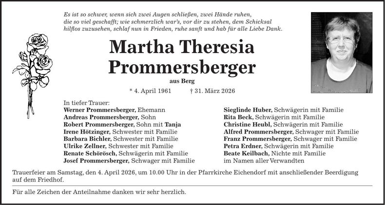 Traueranzeige Martha Theresia Prommersberger