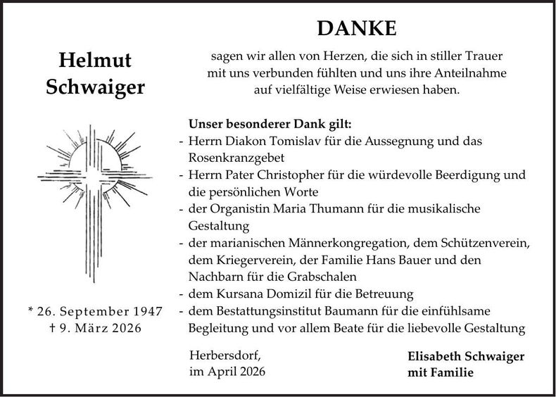 Traueranzeige Helmut Schwaiger