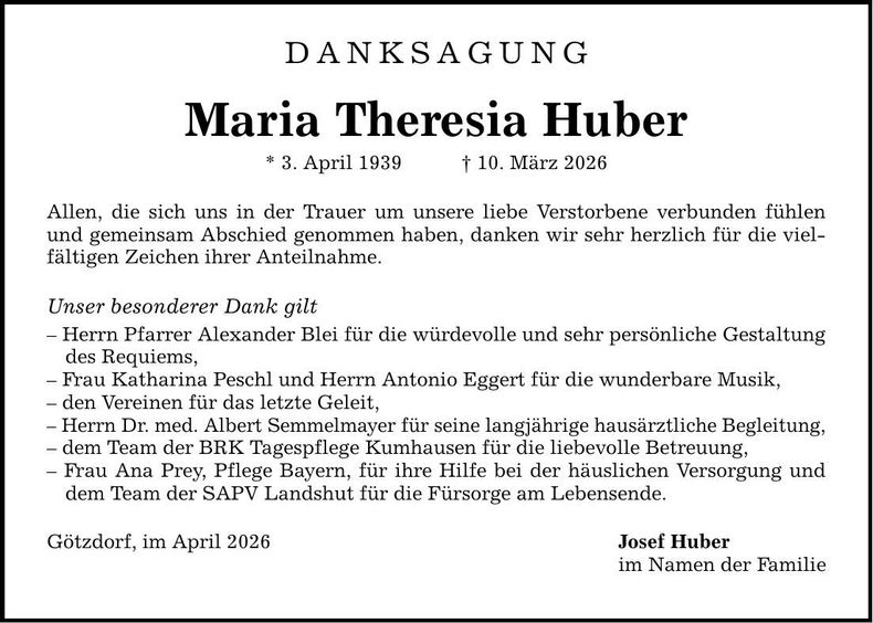 Traueranzeige Maria Theresia Huber
