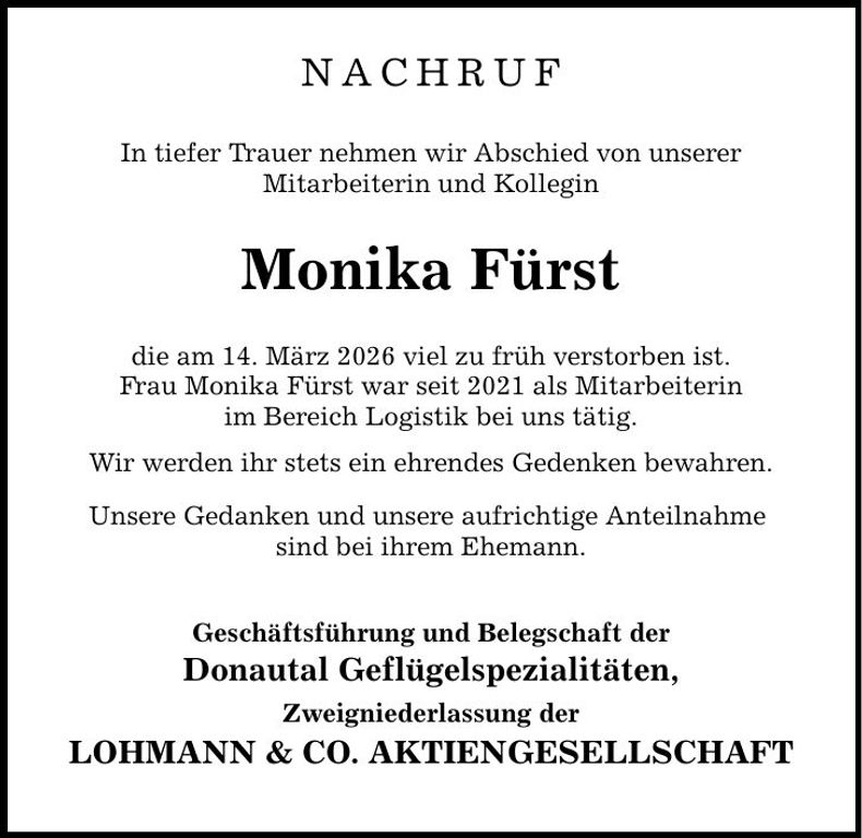 Traueranzeige Monika Fürst