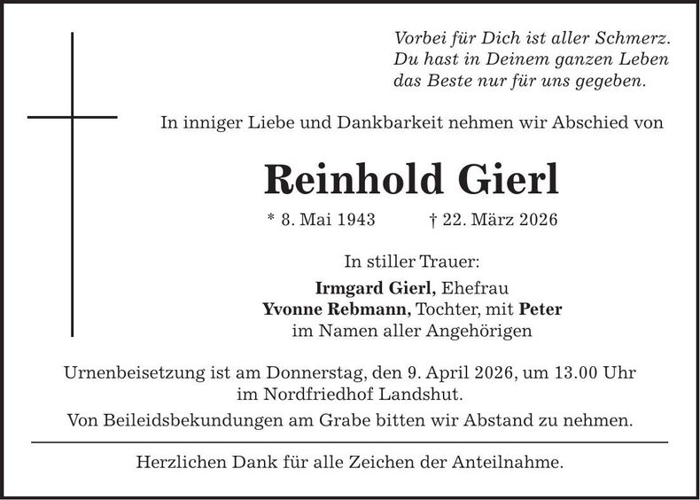 Traueranzeige Reinhold Gierl