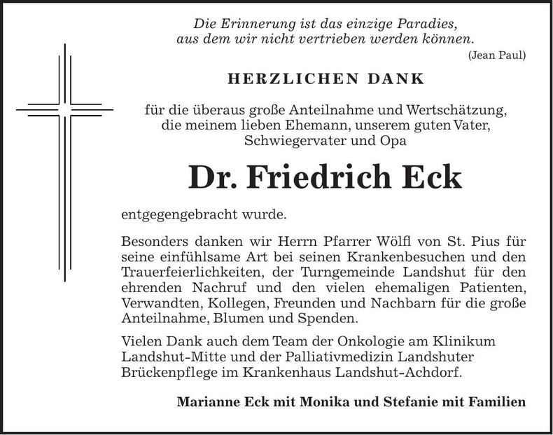Traueranzeige Friedrich Dr. Eck
