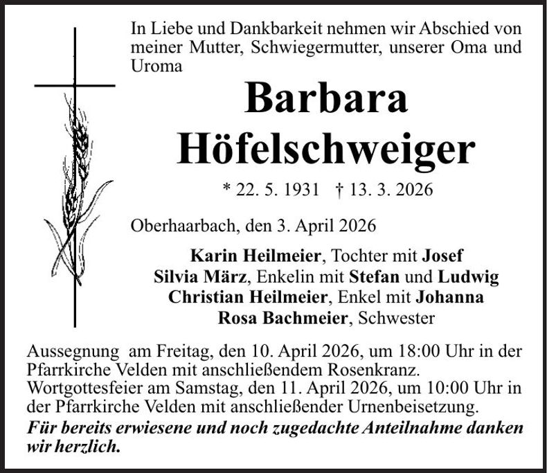 Traueranzeige Barbara Höfelschweiger
