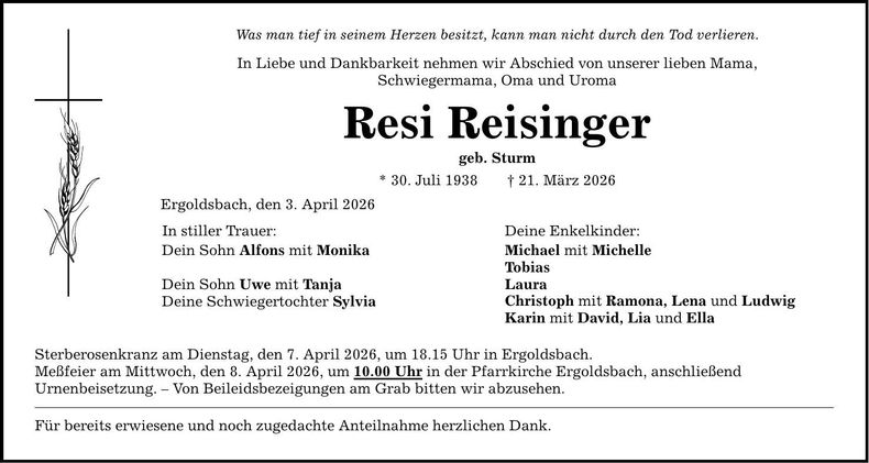 Traueranzeige Resi Reisinger
